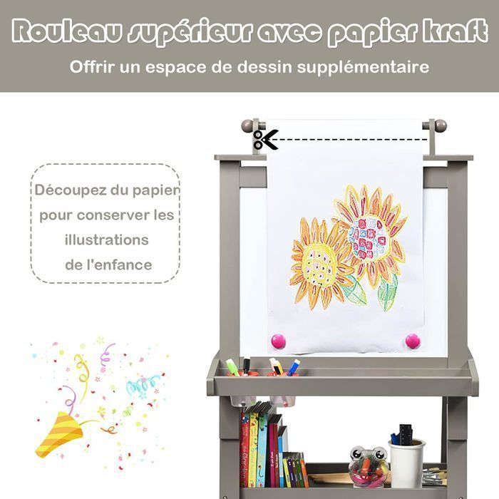 Chevalet Enfant 4 En 1 COSTWAY - Tableau Noir & Blanc Magnétique, Bureau, Rangement - Motif Renard (3 Ans+)