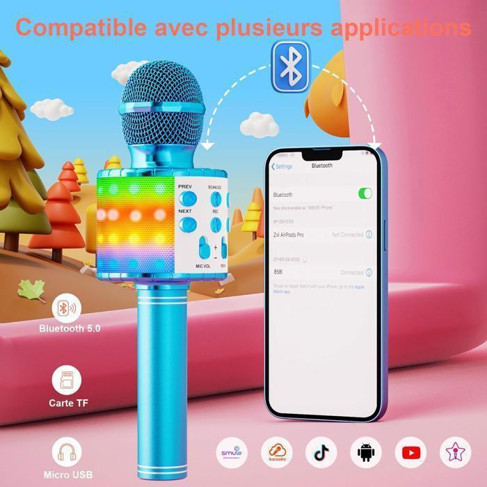 Ankuka Microphone Sans Fil Karaoké, Ankuka Micro Karaoke Enfant avec Lumières LED de Danse, Microphone Bluetooth pour Enfants Fille Garcon pour Fête Chanter Idée Cadeau de Noël Anniversaire, Noir