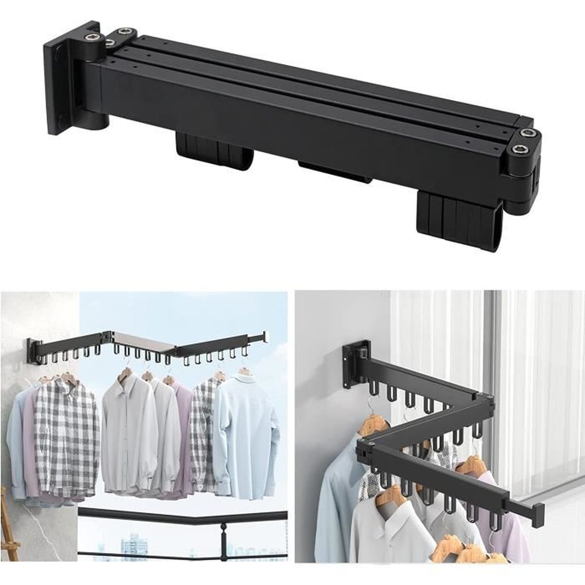 Porte Cintre Mural Pliable 2 Pièces - Bras Pivotant 180°, Support De Séchage Avec 5 Crochets, En Fer Argenté - Pour Salle De Bain, Balcon, Placard