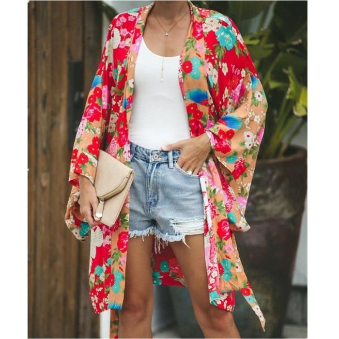 Manteau,Cardigan à fleurs pour femmes, Long, décontracté, style Boho,  manteau de plage, ample, imprimé Floral, kimono - Type Rouge Blanc -  Cdiscount Prêt-à-Porter