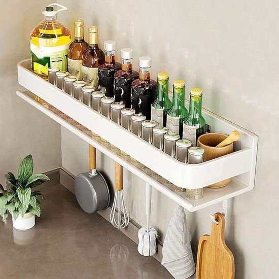 Barre De Suspension Ustensiles De Cuisine Praknu 40 Cm Avec 8 Crochets - Adhésive Sans Perçage, Fixation Murale Durable