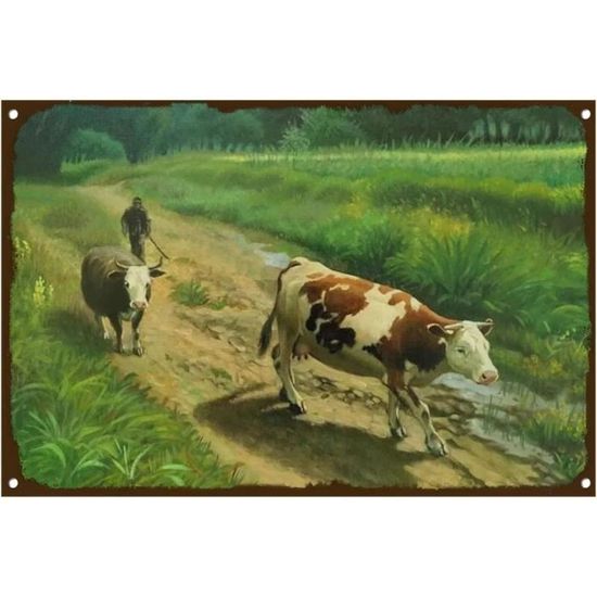 Plaque ronde en métal rustique - Vache colorée - Décoration murale