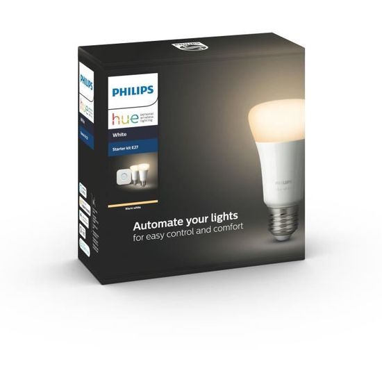 PHILIPS HUE Kit de démarrage 2 ampoules White et pont  - 9,5 W - E27 - Bluetooth