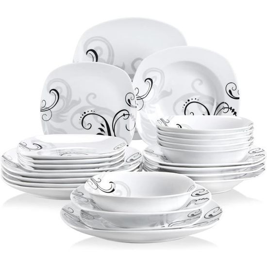 VEWEET SERENA 18pcs Assiettes Pocelaine Service De Table 6pcs Assiettes Plates 25,1cm, 6pcs Assiette Creuse 21,5cm, 6pcs Assiette à Dessert 19cm Vaisselles Céramique Pour 6 Personnes Cadeau Fête