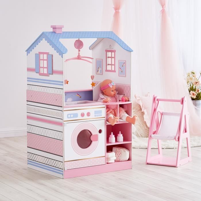 Maison de poupon nurserie 2 façades berceau bain chaise haute bascule machine à laver bois poupée mixte fille Olivia's Little World