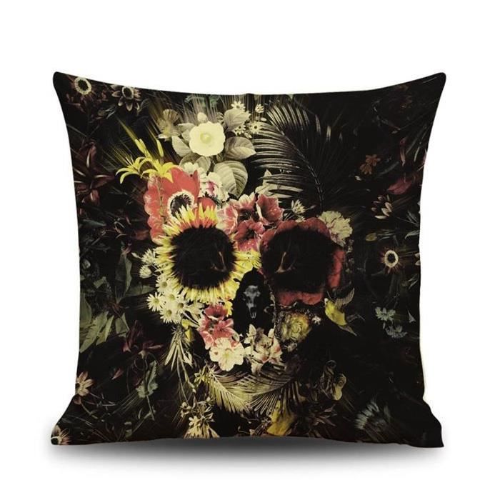 SODIAL(R)Taie d'oreiller du motif de crane de creme Carre ,Housse de Coussin de Sofa Decor d'Halloween , Couleur noir de fleur