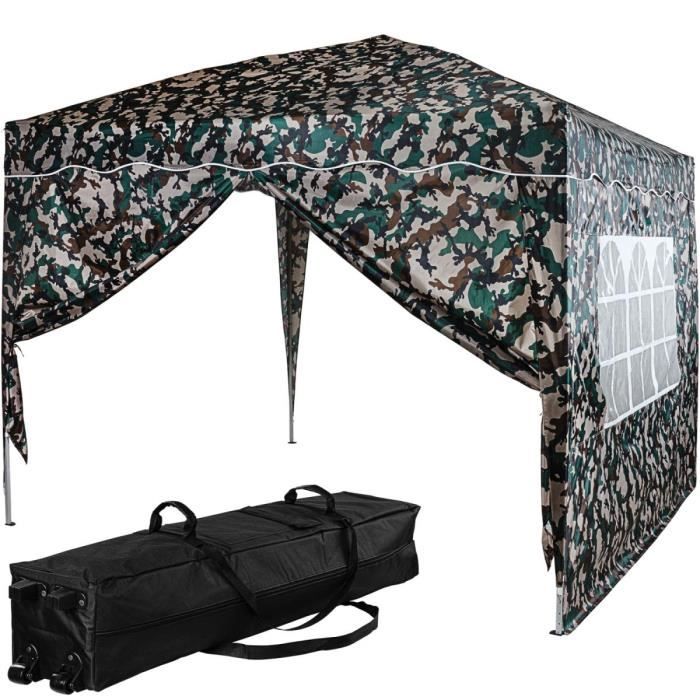 INSTENT Tonnelle BASIC- 3x3 m avec 2 panneaux latéraux (1 fermeture éclair + 1 avec fenêtre), couleur camouflage, avec sac de