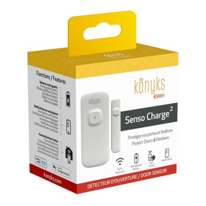 Konyks Senso Charge 2 - Détecteur d'ouverture Wi-Fi sur batterie pour porte et fenêtre, autonomie 1 an, notifications Smartphone