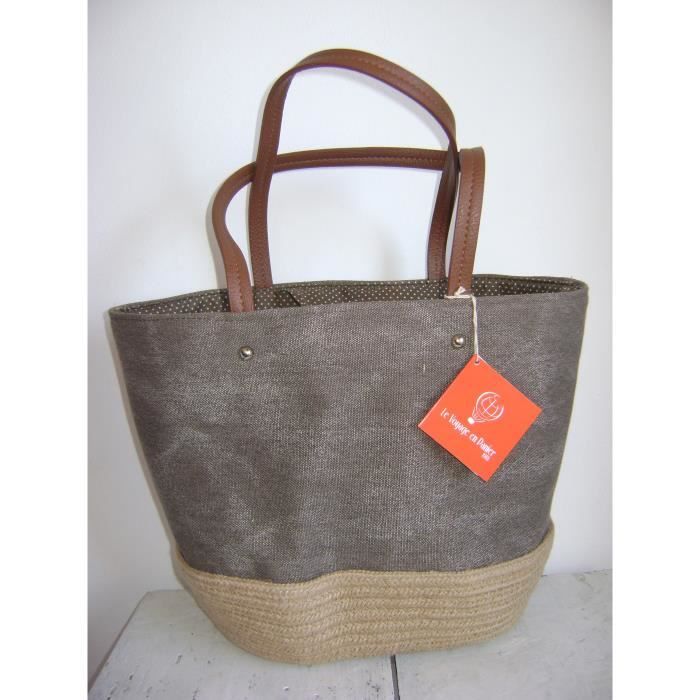 SAC CABAS -LE VOYAGE EN PANIER- TOILE VINTAGE CORDE TAUPE