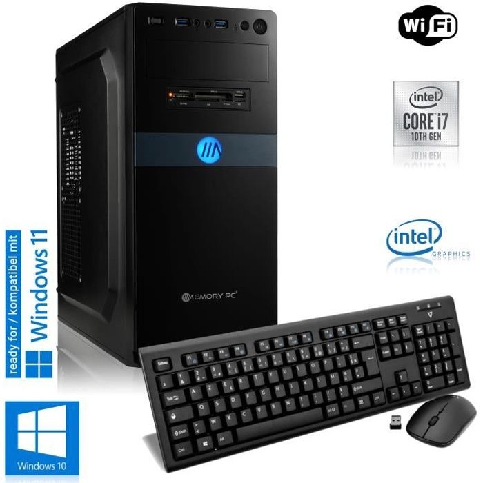 MEMORY PC de bureau - Intel Core i7 11700 - Graphiques Intel HD - 16Go RAM - 240Go & 1To HDD - Windows 10 Pro - WiFi - Clavier + sou
