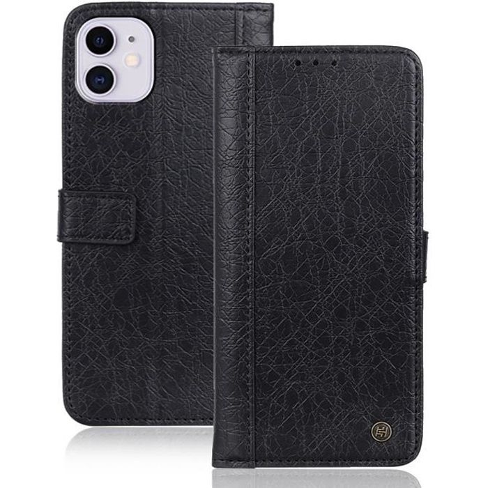Coque iPhone 12,Cuir Etui Housse Premium PU Portefeuille Magnétique Porte Cartes Stand Fonction Coque Rabat-Noir