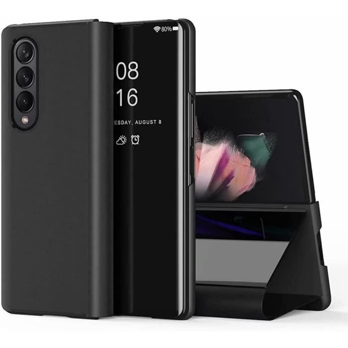 Coque pour Samsung Galaxy Z Fold 3, Miroir Translucide Ultra-Fin + Étui Rabat Intelligent Cuir PU, avec Support, Housse pour (Noir)