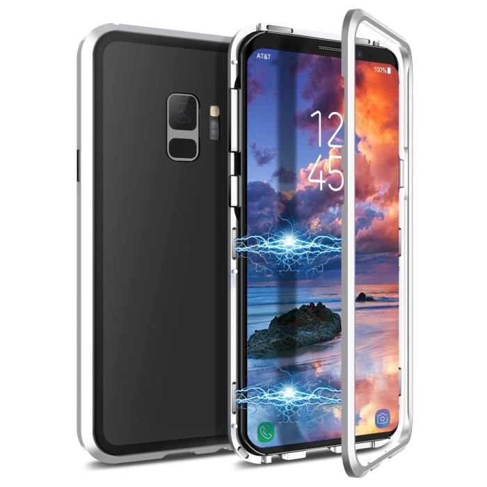 Samsung Galaxy S9 2 en 1 Étui rigide avec cadre magnétique détachable Couverture arrière transparente pour PC Antichoc argent