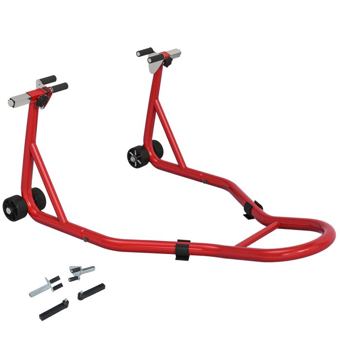 Béquille datelier moto - HOMCOM - avec goupille réglable et adaptateurs pour bras oscillant - support universel - rouge