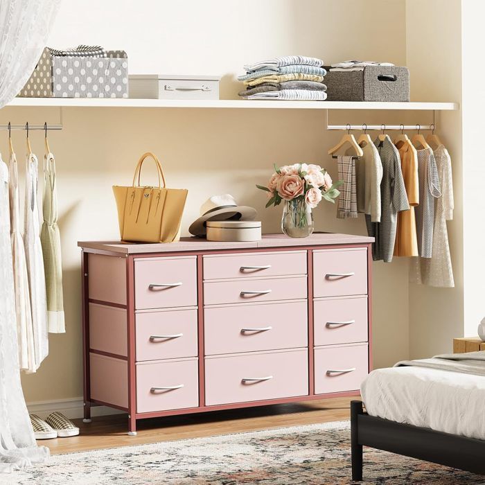 Commode - PROMIRACAL - 10 Tiroirs - Tissu Rose - Cadre en Métal - 120x40x70cm