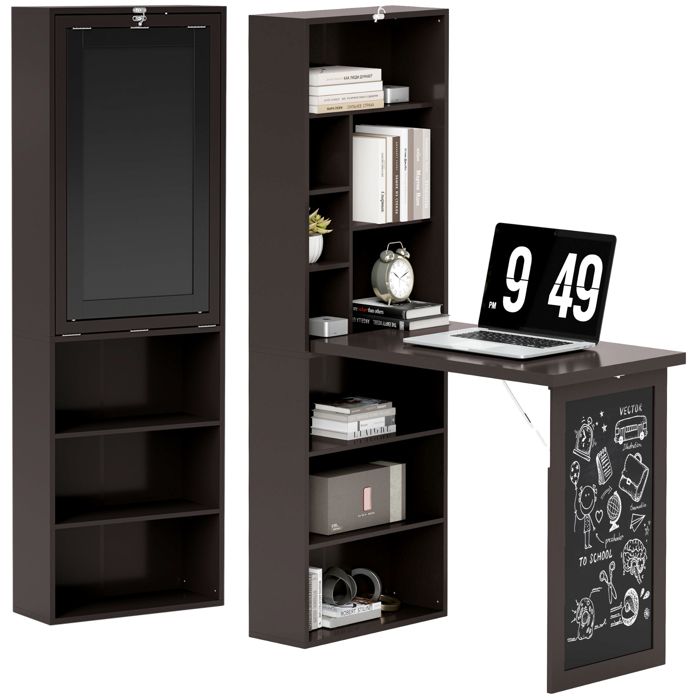 Bureau avec rangement HOMCOM pliable murale rabattable avec avec bibliothèque poste de travail tableau à craie et étagère réglable Bureau avec rangement HOMCOM pliable murale rabattable avec avec bibliothèque poste de travail tableau à craie et étagère réglable