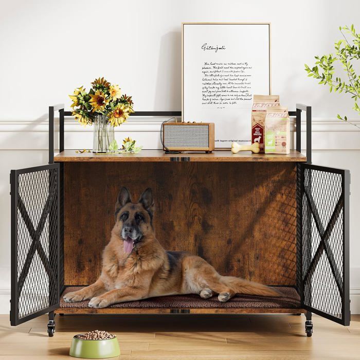 Meilleurs prix pour Cage pour chien avec bureau,bois de fer,79 x 52 x 73 cm,Gris