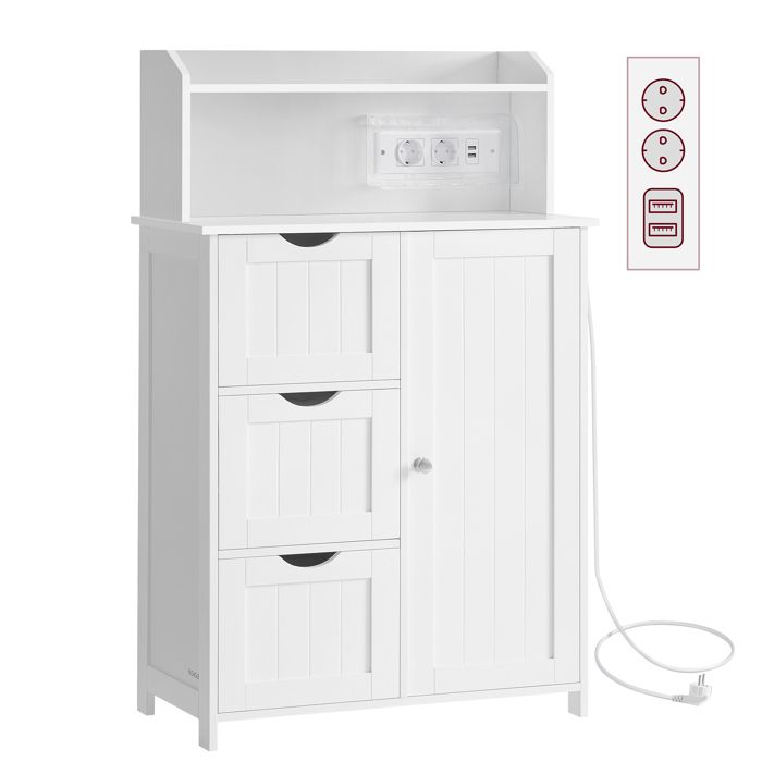 Meuble Salle de Bain - VASAGLE - Multiprise Intégrée - 3 Tiroirs - Étagères Réglables - Blanc Nuage