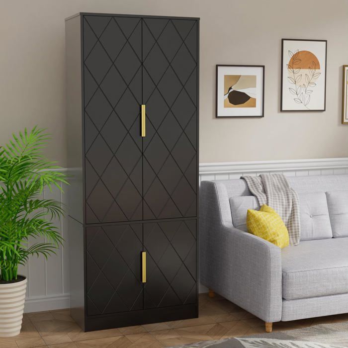 GOOBUY Buffet Haute de Cuisine Armoire Rangement à 4 Portes Meuble de Rangement Motif Ligne Style Scandinave 60x30x150cm Noir