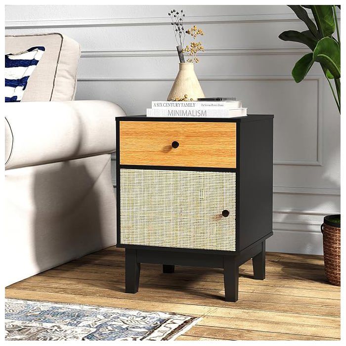 GIANTEX Tables de Chevet Cannage- Table dAppoint- Tiroir- Armoire à Porte en Rotin- Pieds en Pin- 40x39x55cm- Chambre Salon- Noir GIANTEX Tables de Chevet Cannage- Table dAppoint- Tiroir- Armoire à Porte en Rotin- Pieds en Pin- 40x39x55cm- Chambre Salon- Noir