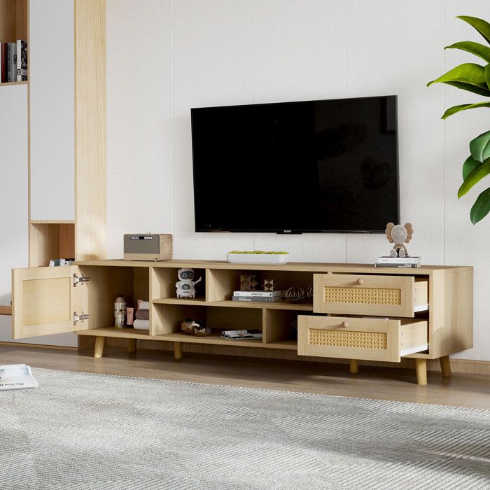 URBAN MEUBLE Meuble TV bois clair avec portes en rotin 160 cm URBAN MEUBLE Meuble TV bois clair avec portes en rotin 160 cm