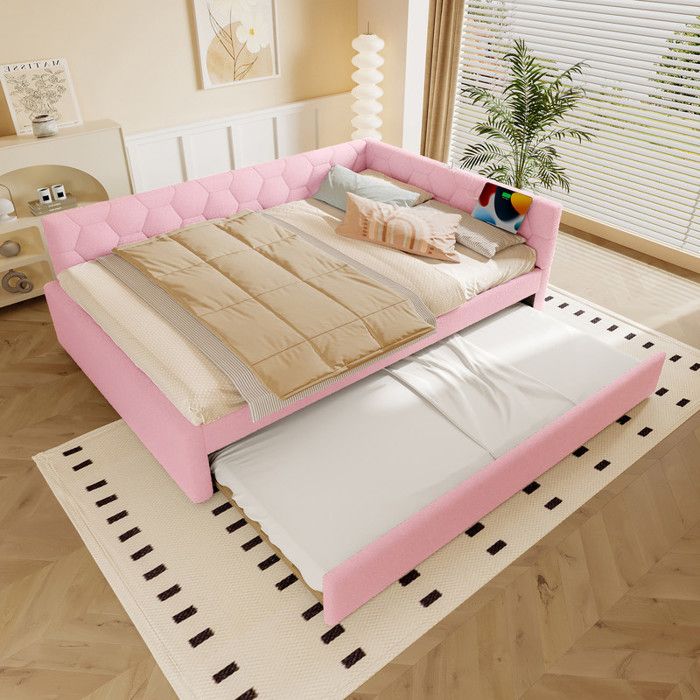 Canapé-lit multifonctionnel - 140x200cm - Ports USB et Type-C - Lampe de chevet - Rose