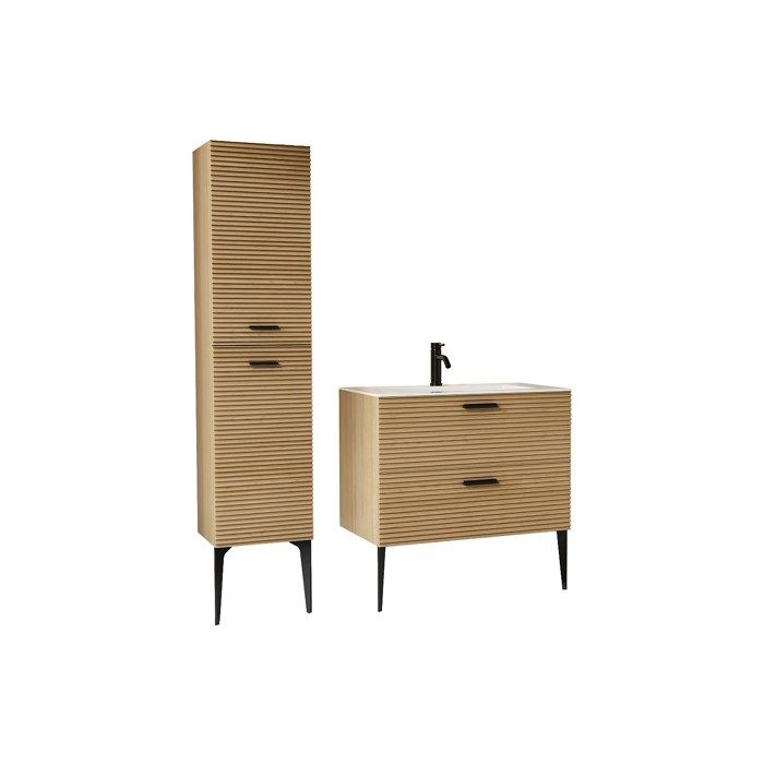 Meuble de salle de bain strié sur pieds avec vasque à encastrer robinet et colonne - 2 tiroirs - Naturel clair - 80 cm - SARONE