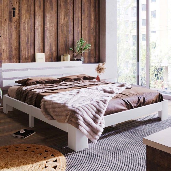 Lit double - Structure 140 x 200 cm - Sommier à lattes bois massif - Tête de lit incluse - Pin blanc compact