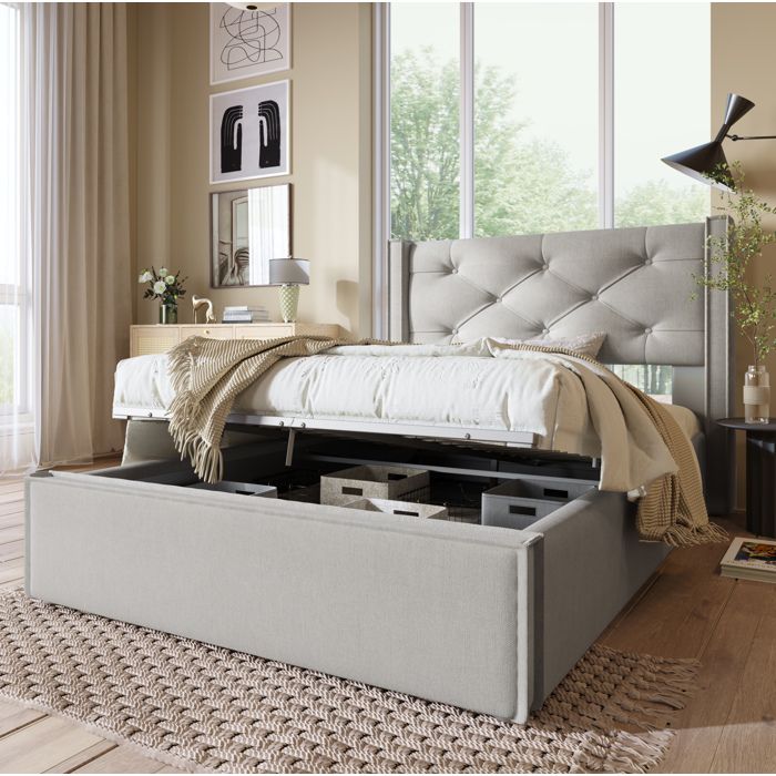 Maisentiel Lit coffre 1 place 90 x 200 cm gris clair avec sommier relevable et tête de lit capitonnée