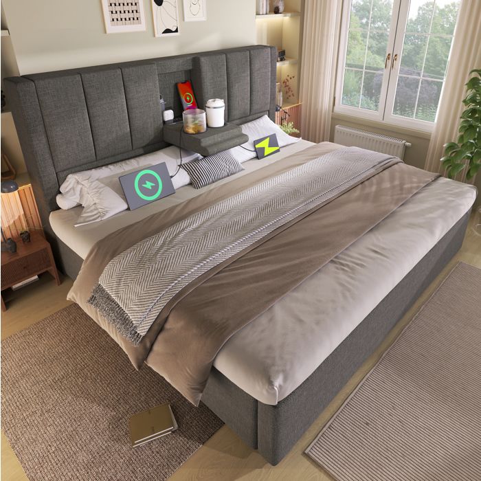 Lit coffre rembourré 160 x 200 cm avec ports USB et porte-gobelets gris