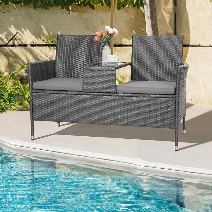 Salon de jardin Banc de jardin en poly rotin Ensemble de meubles de balcon Gris