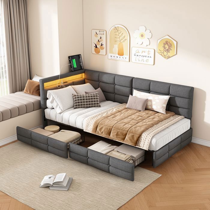 Lit banquette rembourré 90 x 200 cm 2 tiroirs LED USB lin gris sommier à lattes moderne et multifonction ados et adultes