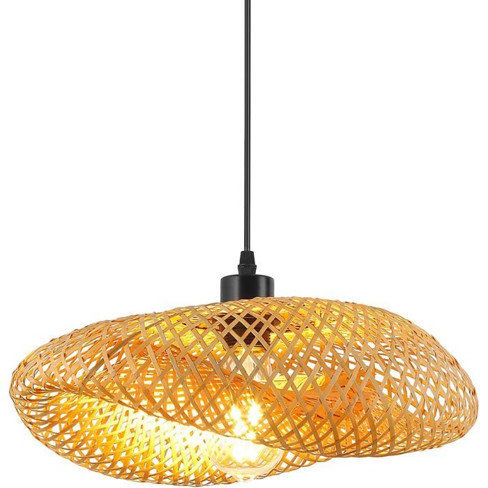 Plafonnier rétro en bambou - MHY® - Suspension rotin - 40 cm - E27 - Compatible LED - Éclairage créatif
