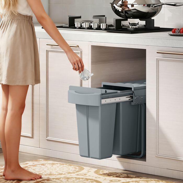 Poubelle cuisine coulissante 30L avec 2 compartiments poubelle sous évier avec couvercle givré 52x26x408cm gris