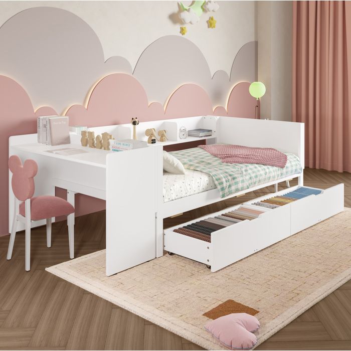 Lit simple avec bureau étagères et 2 tiroirs blanc