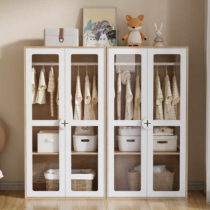 Armoire enfant - 2 portes en acrylique blanc et bois naturel avec tringle panneaux laqués + aggloméré 160x50x150 cm