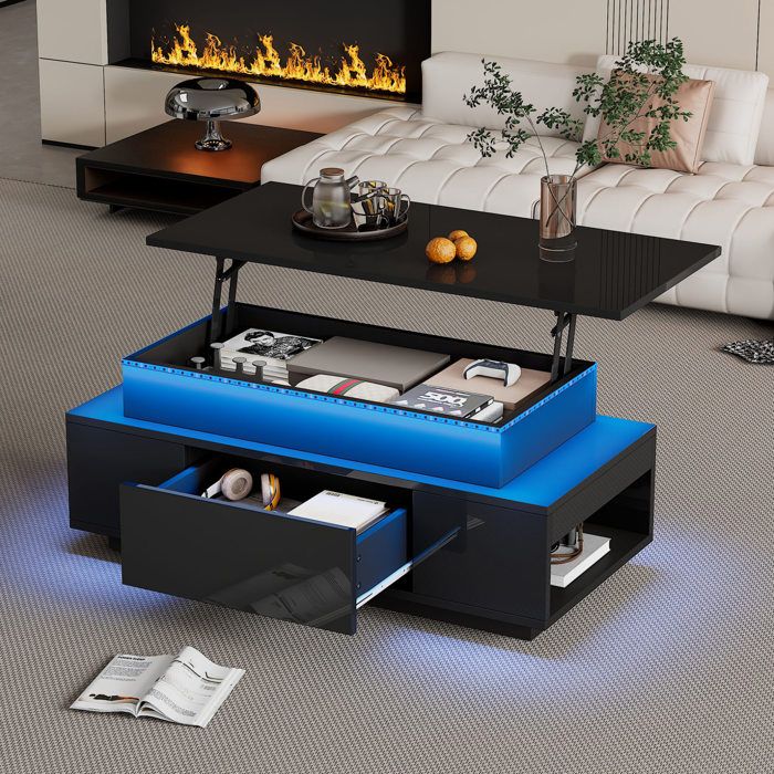 Table basse relevable noire 96 x 45 x 40 cm LED rangement caché 1 tiroir brillante