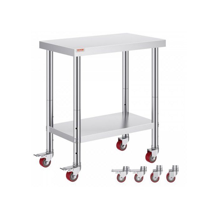 Table de travail cuisine 76 x 46 x 86 cm en inox roulettes avec freins charge 100 kg pour hôtel hôpital et restaurant
