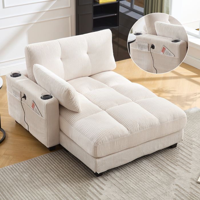 Fauteuil cosy Beige à rayures appui-tête rabattable accoudoirs rembourrés 3 porte-gobelets poche latérale