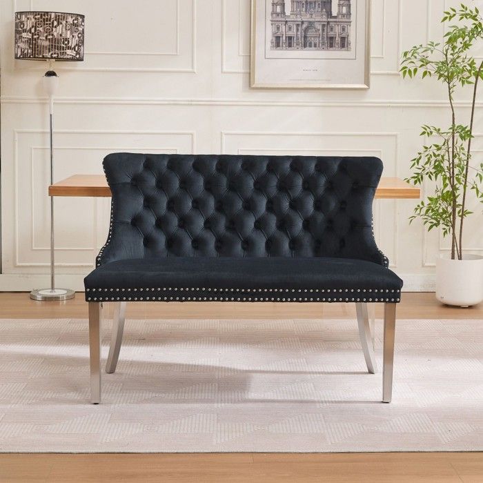 Banquette 2 Places  velours noir capitonnée dossier oreilles pieds acier brossé salle à manger moderne 116x575x895cm