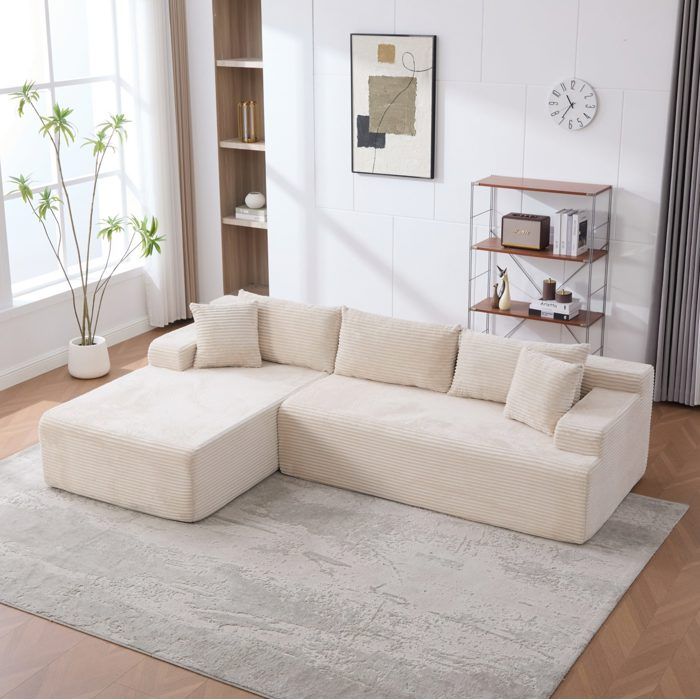 Canapé d’angle modulable compressé en chenille ivoire 4 places chaise longue à gauche livré monté
