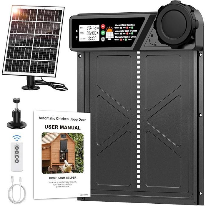 Grande Porte Poulailler Automatique SolairePorte Automatique Poulailler Solaire en Aluminium avec Écran LCD Étanche Minuterie