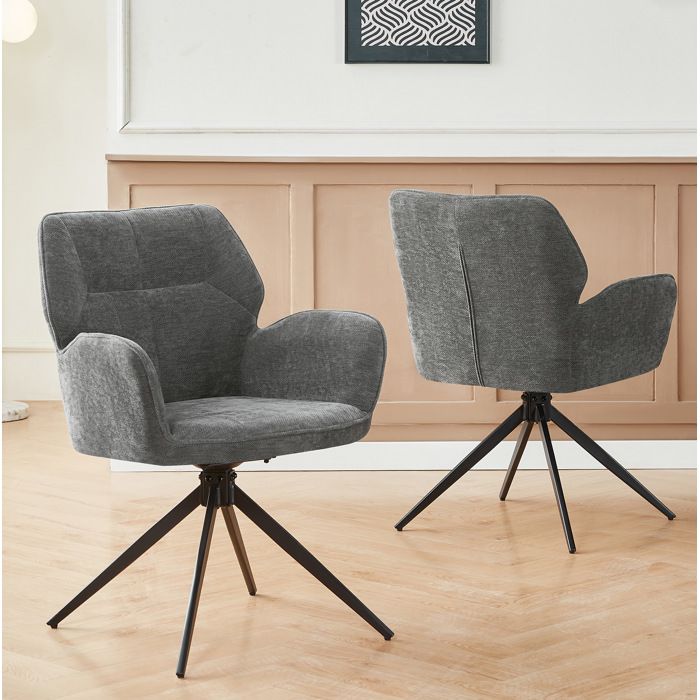 Lot de 2 chaises pivotantes de salle à manger gris foncé chenille aspect velouté accoudoirs et pieds en métal