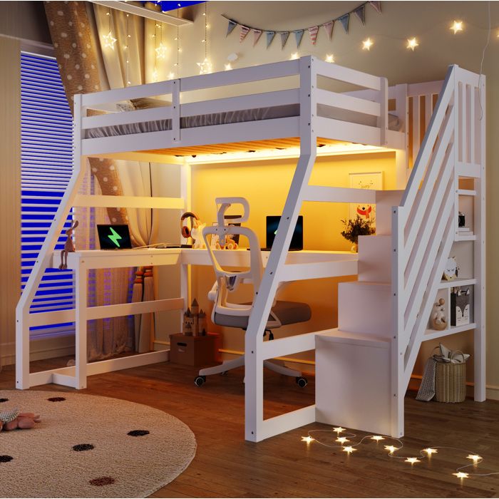 Lit mezzanine enfant 90 × 200 cm avec bureau en L USB LED et escalier 3 rangements sans matelas blanc - UVRION