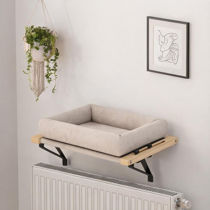 Support chauffage et fenêtre en bois blanc pour chat coussin amovible hamac 50x36x24 cm crème