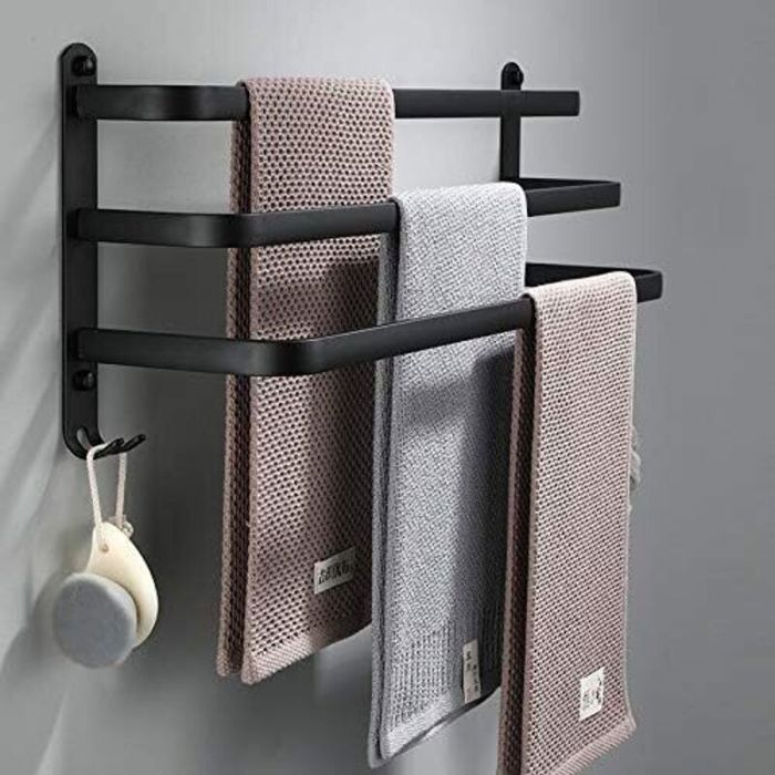 Porte Serviettes Salle de Bains Noir Barres Porte Serviettes Mural Adhesif pour Douche et Cuisine Étanche Barres Porte avec Croc