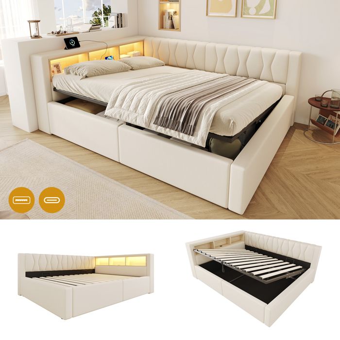 Lit de jour 140x200 cm avec rangement - Canapé-lit 140x200 cm - Rangement hydraulique relevable - Sans matelas