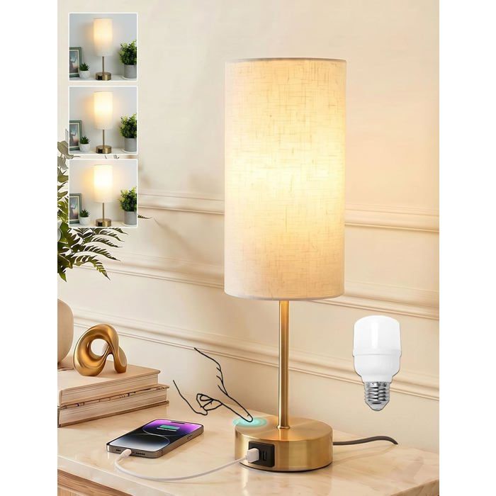Lampe de chevet tactile 3 intensités ports USB et USB-C abat-jour tissu ampoule LED E27 6W 2700K incluse prise UE