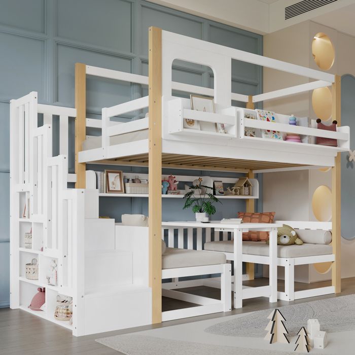 Lit superposé enfant - ZEVKOR - 90×200 cm avec bureau rabattable - escalier de rangement - bibliothèque intégrée