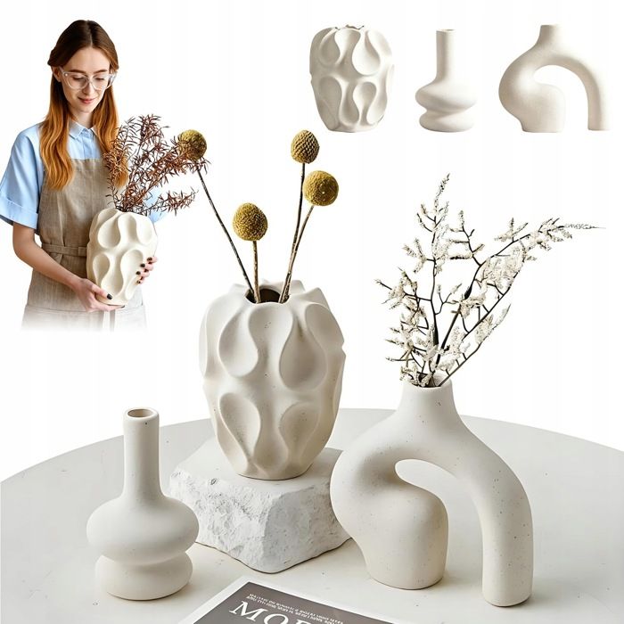 Vases céramique-set 3-blanc mat-géométrique-formes sculpturales-bohème/minimaliste-fleurs séchées/pampa-déco intérieure